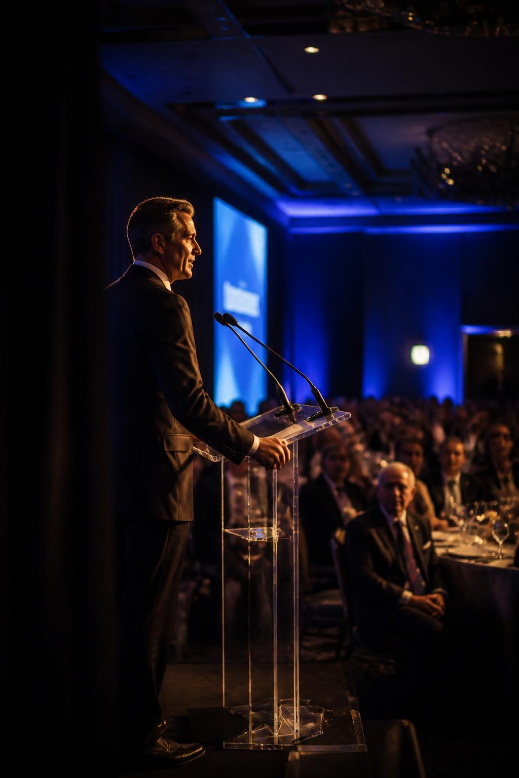 The speaker in profile photographed from stage left