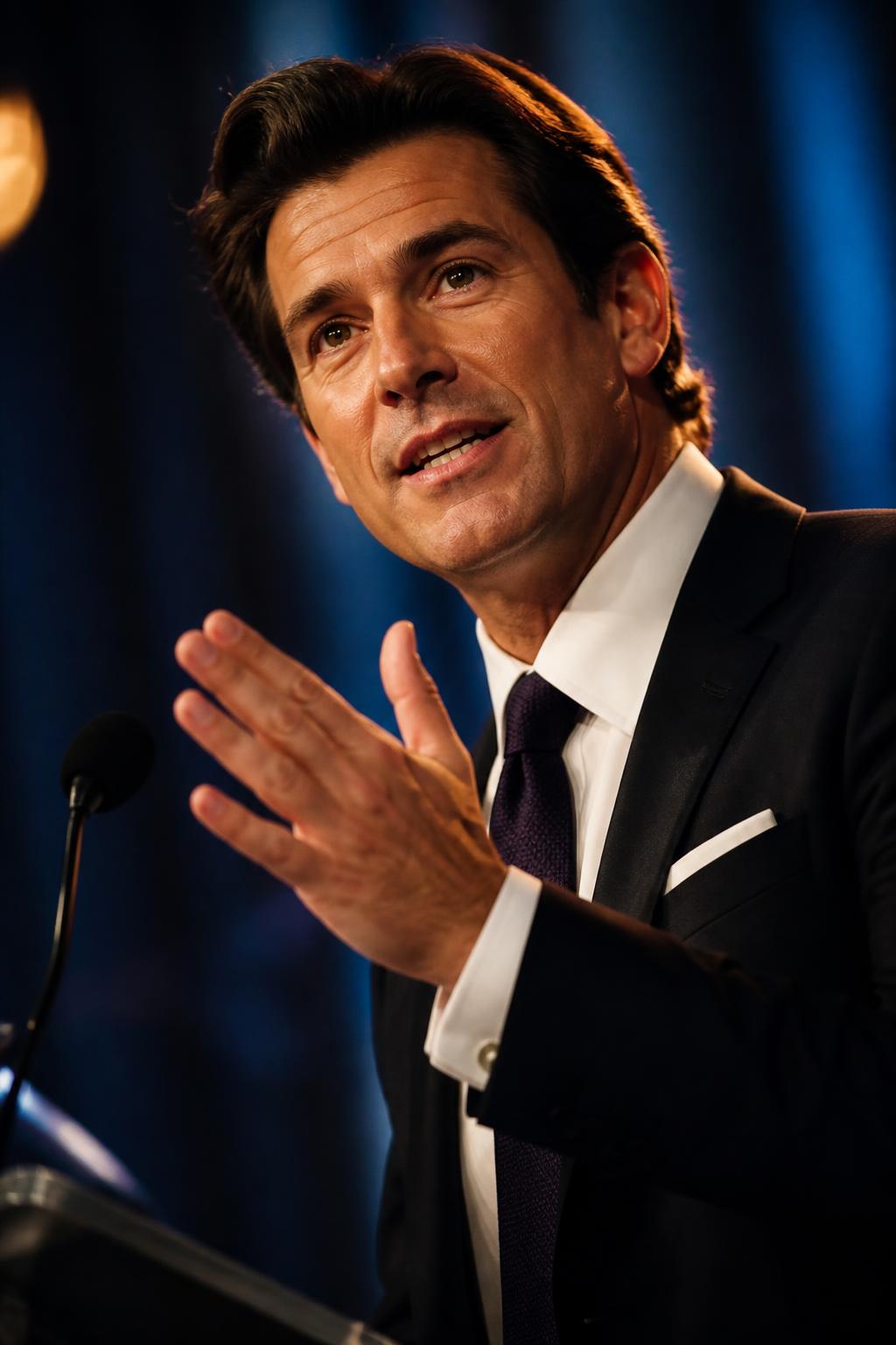Close photograph of the speaker at the microphone