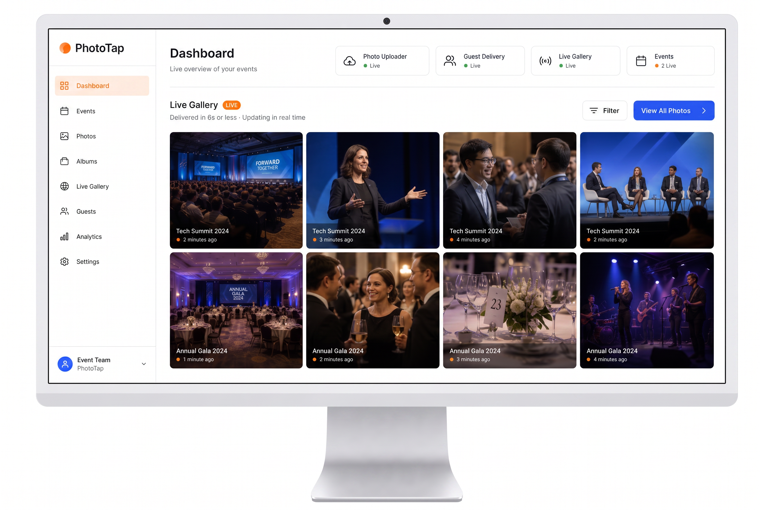 The PhotoTap event dashboard showing photos arriving live during an event